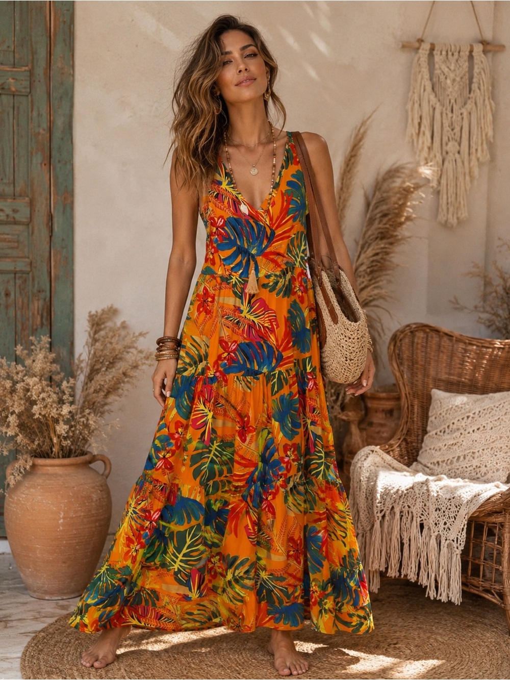 Tropical Print Orange Maxi Dress - Sleeveless V-Neck